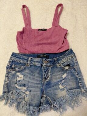 Zara Pink Ribbed Crop Top & Wax Jean Distressed Denim Shorts Bundle Size S